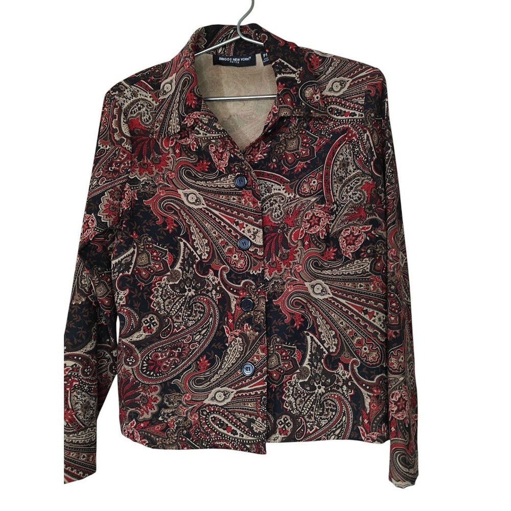 Briggs New York PM Paisley Tapestry Blazer Jacket Red Black Tan Button Front